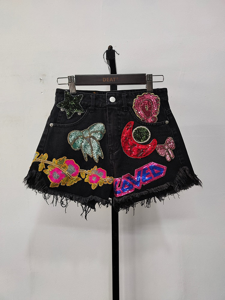 Moon Stars Sequins Embroidery Denim Shorts