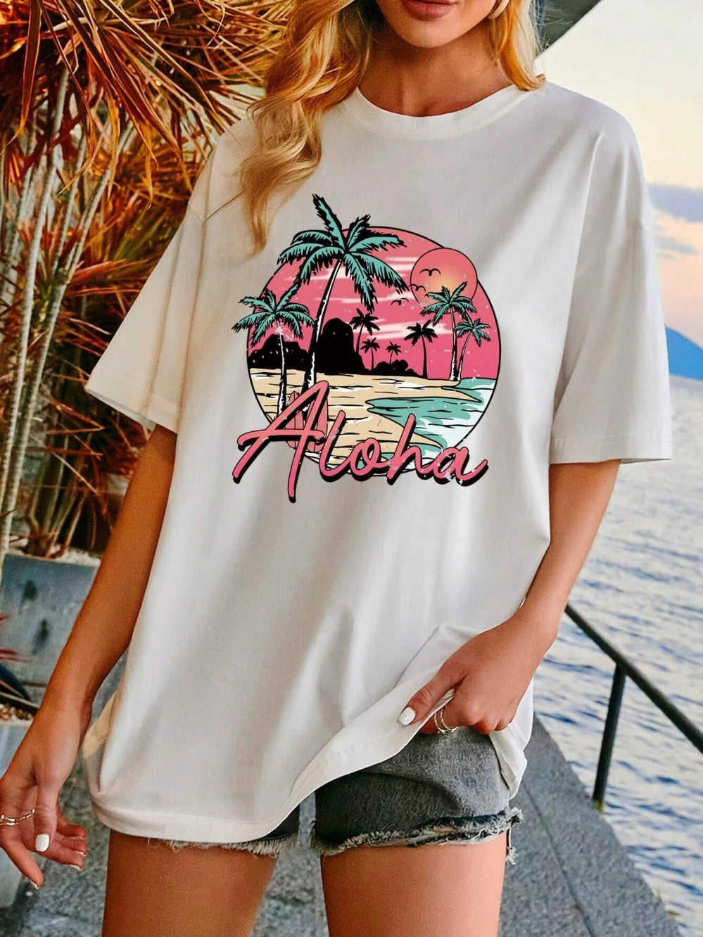 Oversized Cotton Aloha Hawaii Sunset Tee