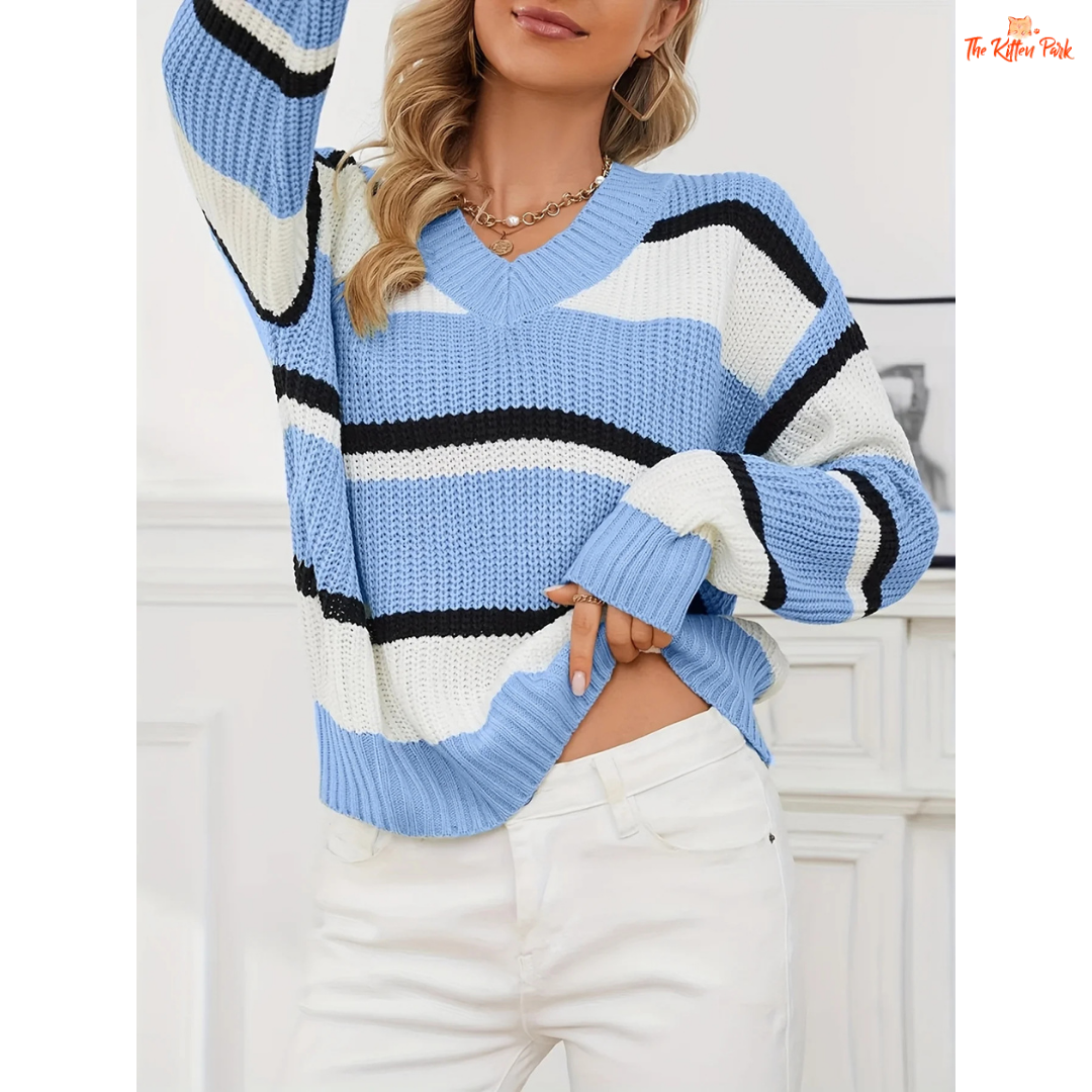 Simple Versatile Long Sleeve Casual Women’s Sweater featuring striped knit fabric, V-neck design, and comfortable fit for autumn and winter wear.