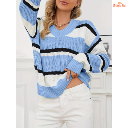 Simple Versatile Long Sleeve Casual Women’s Sweater featuring striped knit fabric, V-neck design, and comfortable fit for autumn and winter wear.