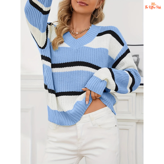 Simple Versatile Long Sleeve Casual Women’s Sweater featuring striped knit fabric, V-neck design, and comfortable fit for autumn and winter wear.
