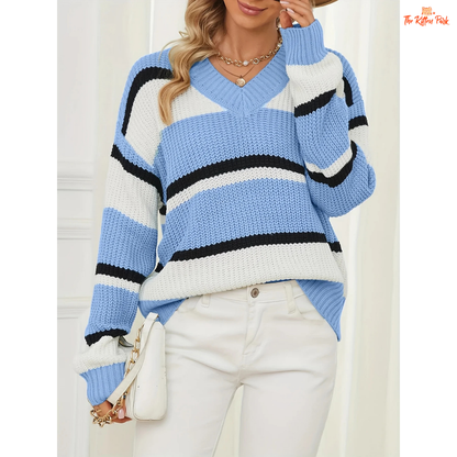 Simple Versatile Long Sleeve Casual Women’s Sweater featuring striped knit fabric, V-neck design, and comfortable fit for autumn and winter wear.