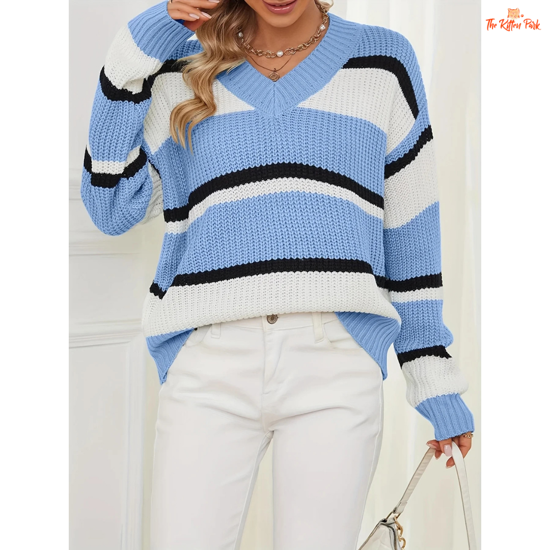 Simple Versatile Long Sleeve Casual Women’s Sweater featuring striped knit fabric, V-neck design, and comfortable fit for autumn and winter wear.