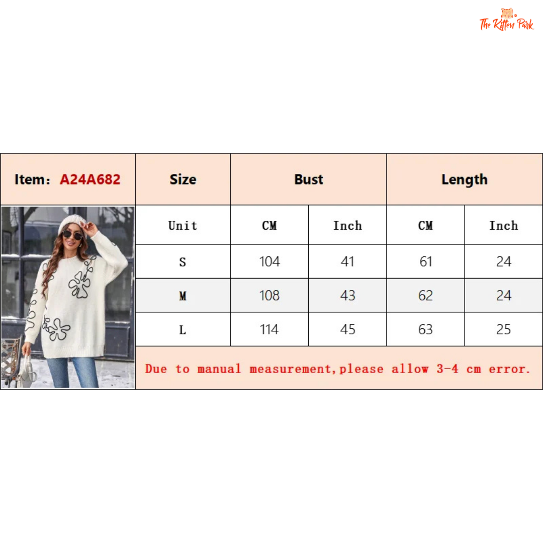 Size chart for a sweater with measurements in centimeters and inches.