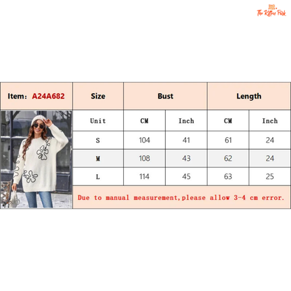 Size chart for a sweater with measurements in centimeters and inches.