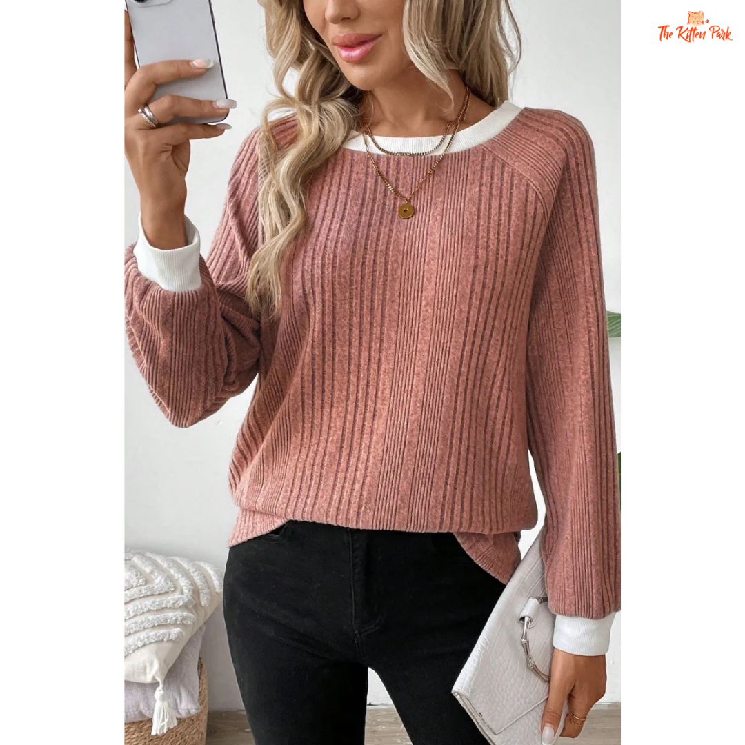 Solid Color Ribbed Pullover Sweater for Women made of lightweight knit polyester blend with loose fit and soft autumn-winter design.