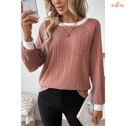 Solid Color Ribbed Pullover Sweater for Women made of lightweight knit polyester blend with loose fit and soft autumn-winter design.