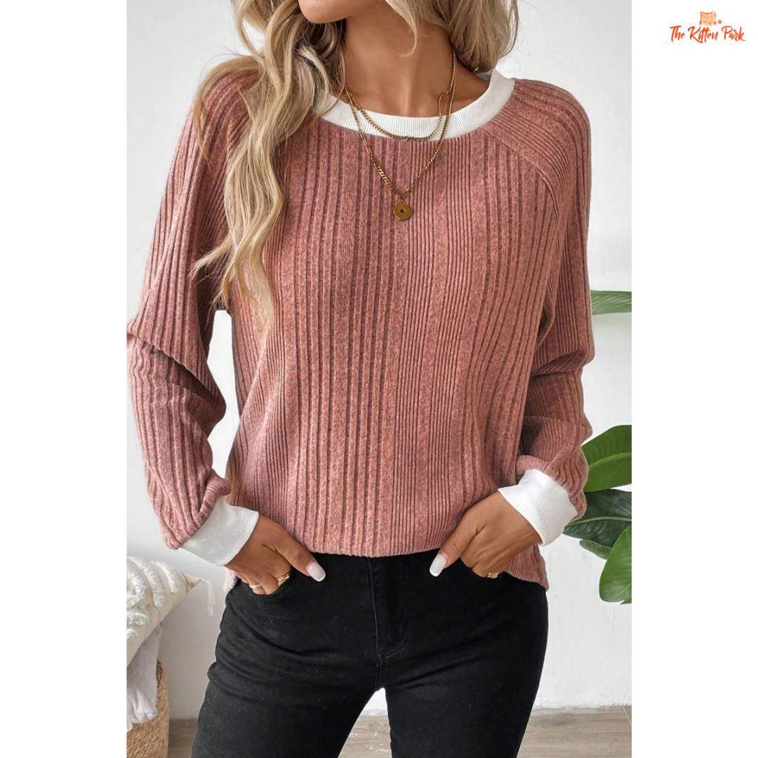 Solid Color Ribbed Pullover Sweater for Women made of lightweight knit polyester blend with loose fit and soft autumn-winter design.