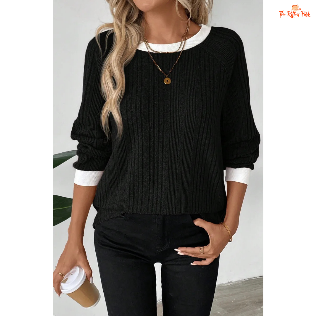 Solid Color Ribbed Pullover Sweater for Women made of lightweight knit polyester blend with loose fit and soft autumn-winter design.