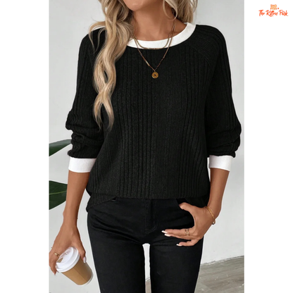 Solid Color Ribbed Pullover Sweater for Women made of lightweight knit polyester blend with loose fit and soft autumn-winter design.