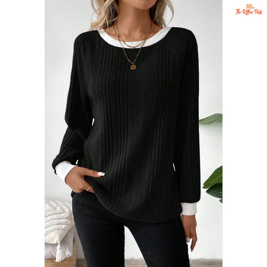 Solid Color Ribbed Pullover Sweater for Women made of lightweight knit polyester blend with loose fit and soft autumn-winter design.