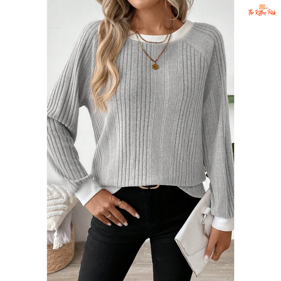 Solid Color Ribbed Pullover Sweater for Women made of lightweight knit polyester blend with loose fit and soft autumn-winter design.