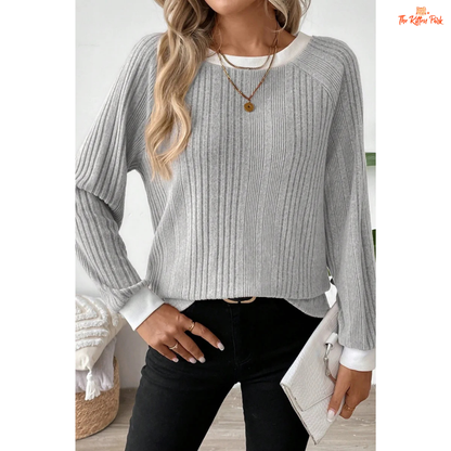 Solid Color Ribbed Pullover Sweater for Women made of lightweight knit polyester blend with loose fit and soft autumn-winter design.