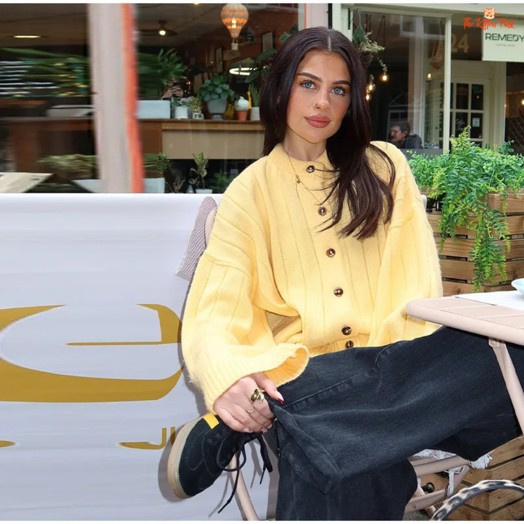 Solid Knit Short Cardigan for women, long length with open stitch closure, button details, O-neck design, full sleeves, loose casual fit, autumn/winter wear.