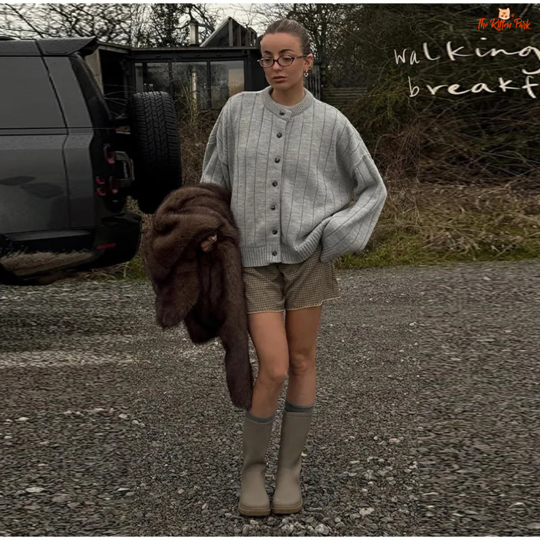 Solid Knit Short Cardigan for women, long length with open stitch closure, button details, O-neck design, full sleeves, loose casual fit, autumn/winter wear.