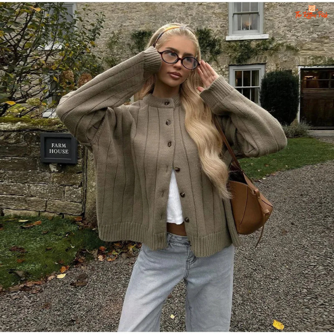 Solid Knit Short Cardigan for women, long length with open stitch closure, button details, O-neck design, full sleeves, loose casual fit, autumn/winter wear.