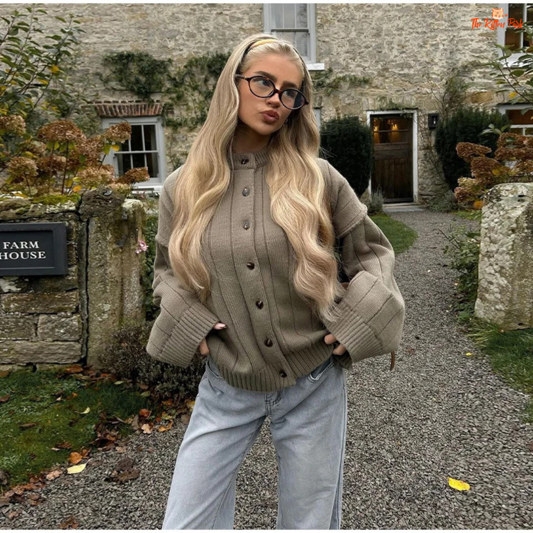 Solid Knit Short Cardigan for women, long length with open stitch closure, button details, O-neck design, full sleeves, loose casual fit, autumn/winter wear.