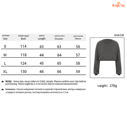 Size chart and product image of a gray sweatshirt with measurement details on a white background.