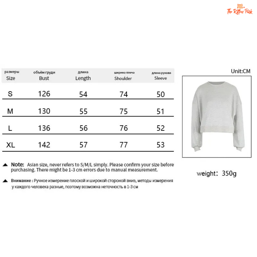 Size chart and product image of a gray sweatshirt with measurement details on a white background.