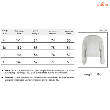 Size chart and product image of a gray sweatshirt with measurement details on a white background.