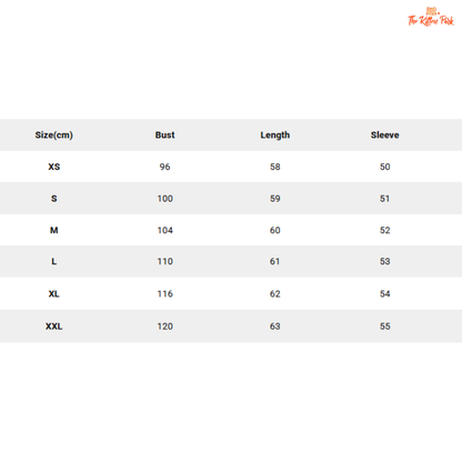 Size chart for clothing with measurements in centimeters