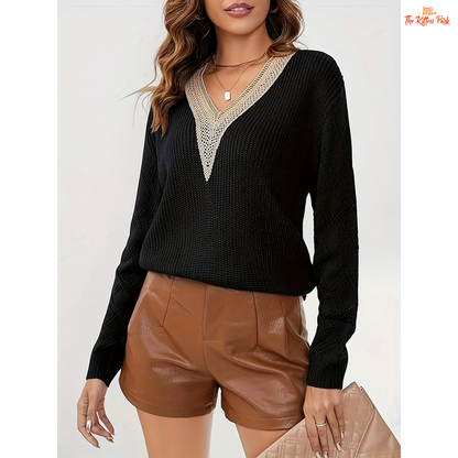 Solid V-Neck Hollow Out Knit Sweater Women Fall Winter with a breathable hollow knit, V-neck, casual loose fit, and slight stretch for all-season wear.