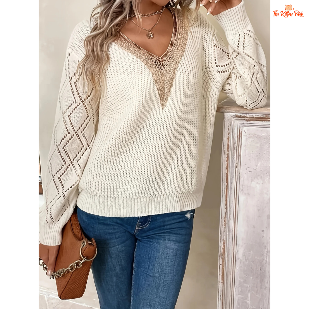 Solid V-Neck Hollow Out Knit Sweater Women Fall Winter with a breathable hollow knit, V-neck, casual loose fit, and slight stretch for all-season wear.