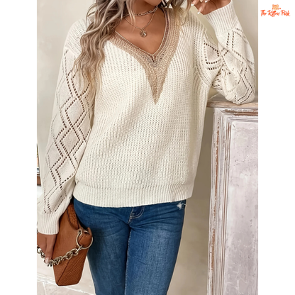 Solid V-Neck Hollow Out Knit Sweater Women Fall Winter with a breathable hollow knit, V-neck, casual loose fit, and slight stretch for all-season wear.