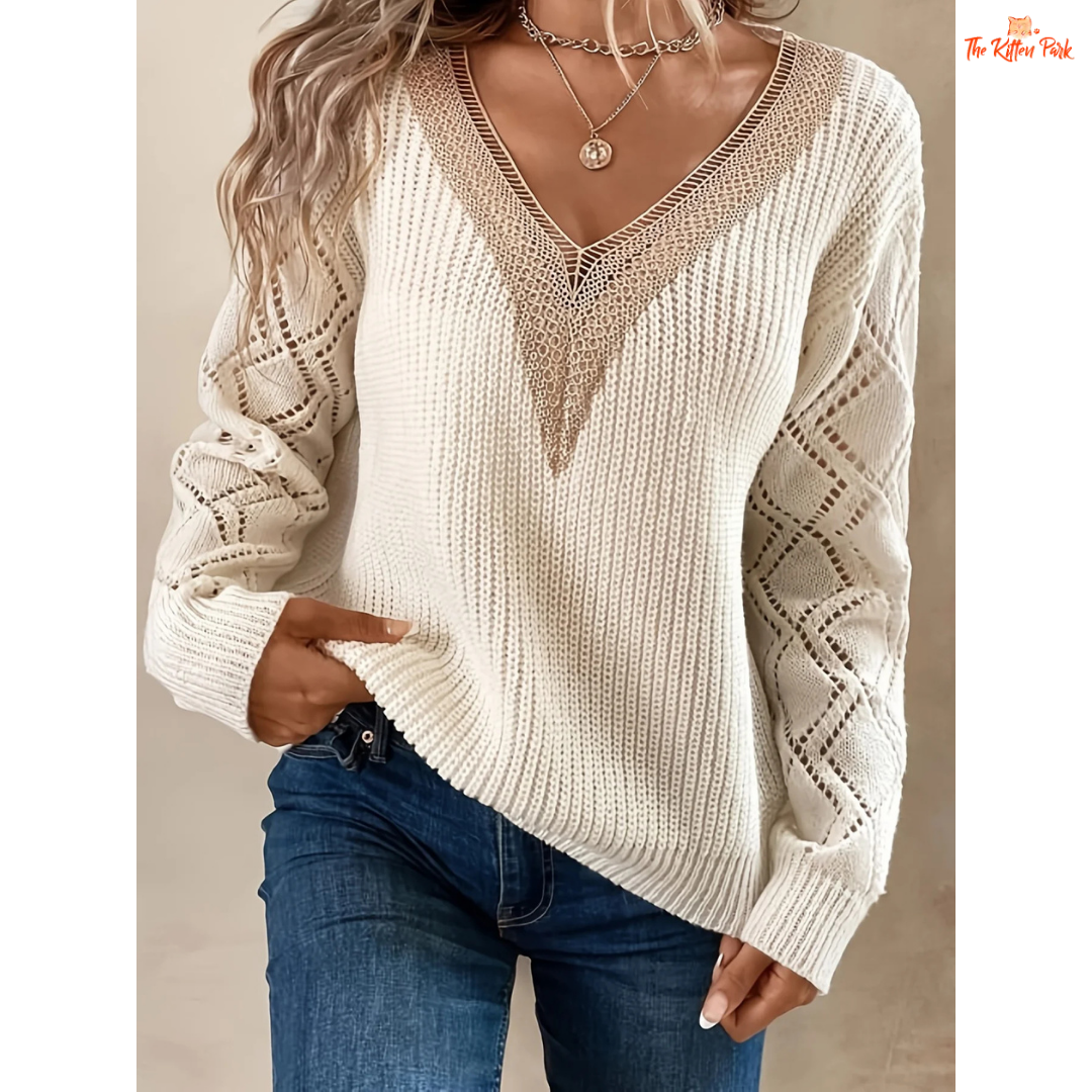 Solid V-Neck Hollow Out Knit Sweater Women Fall Winter with a breathable hollow knit, V-neck, casual loose fit, and slight stretch for all-season wear.