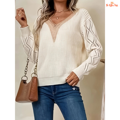 Solid V-Neck Hollow Out Knit Sweater Women Fall Winter with a breathable hollow knit, V-neck, casual loose fit, and slight stretch for all-season wear.