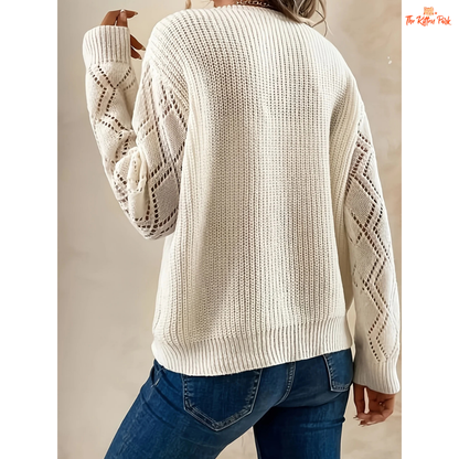 Solid V-Neck Hollow Out Knit Sweater Women Fall Winter with a breathable hollow knit, V-neck, casual loose fit, and slight stretch for all-season wear.