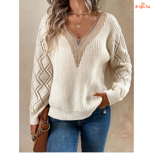 Solid V-Neck Hollow Out Knit Sweater Women Fall Winter with a breathable hollow knit, V-neck, casual loose fit, and slight stretch for all-season wear.