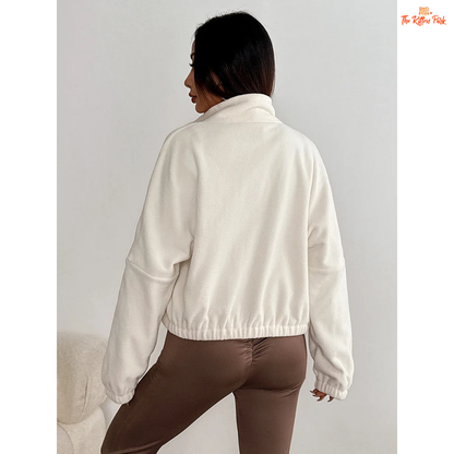 Thick solid zipper streetwear coat for women with turtleneck design and button details, ideal for autumn and winter outfits.