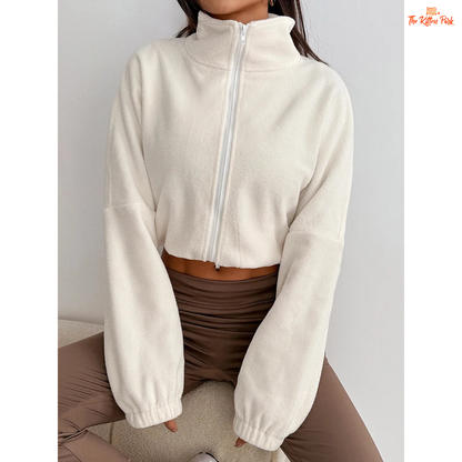 Thick solid zipper streetwear coat for women with turtleneck design and button details, ideal for autumn and winter outfits.