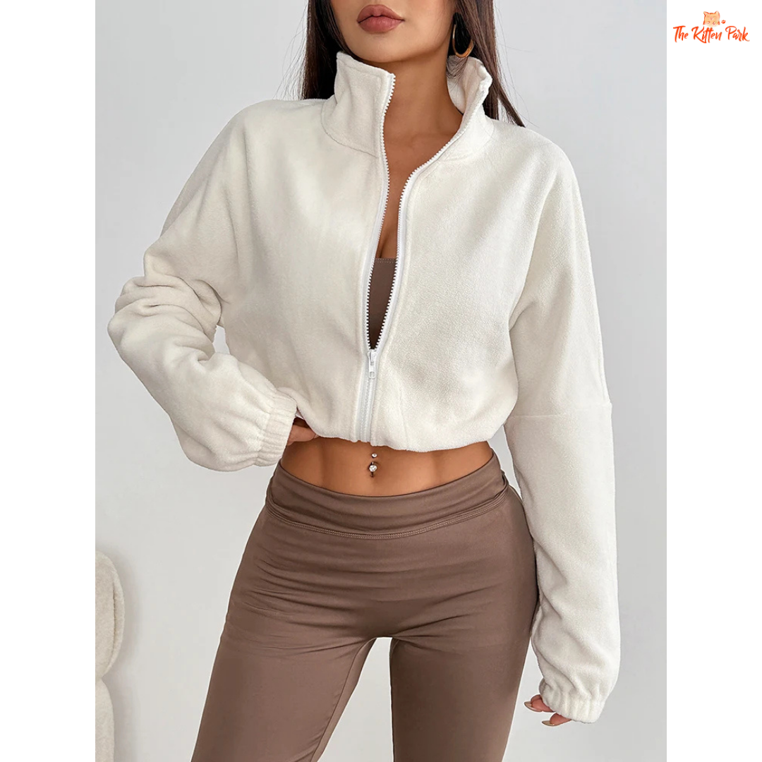Thick solid zipper streetwear coat for women with turtleneck design and button details, ideal for autumn and winter outfits.