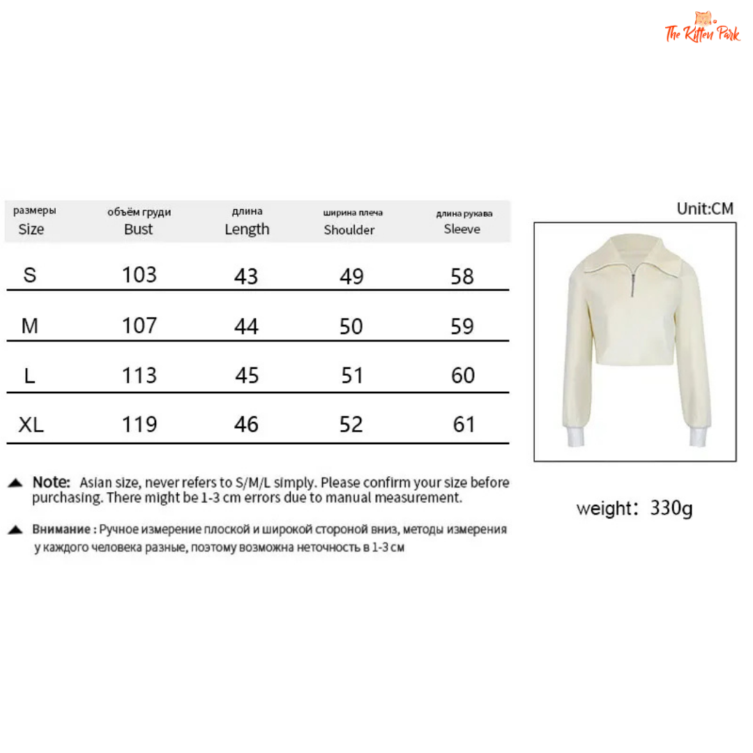 Measurement chart and image of a cream-colored jacket with size details on a white background.