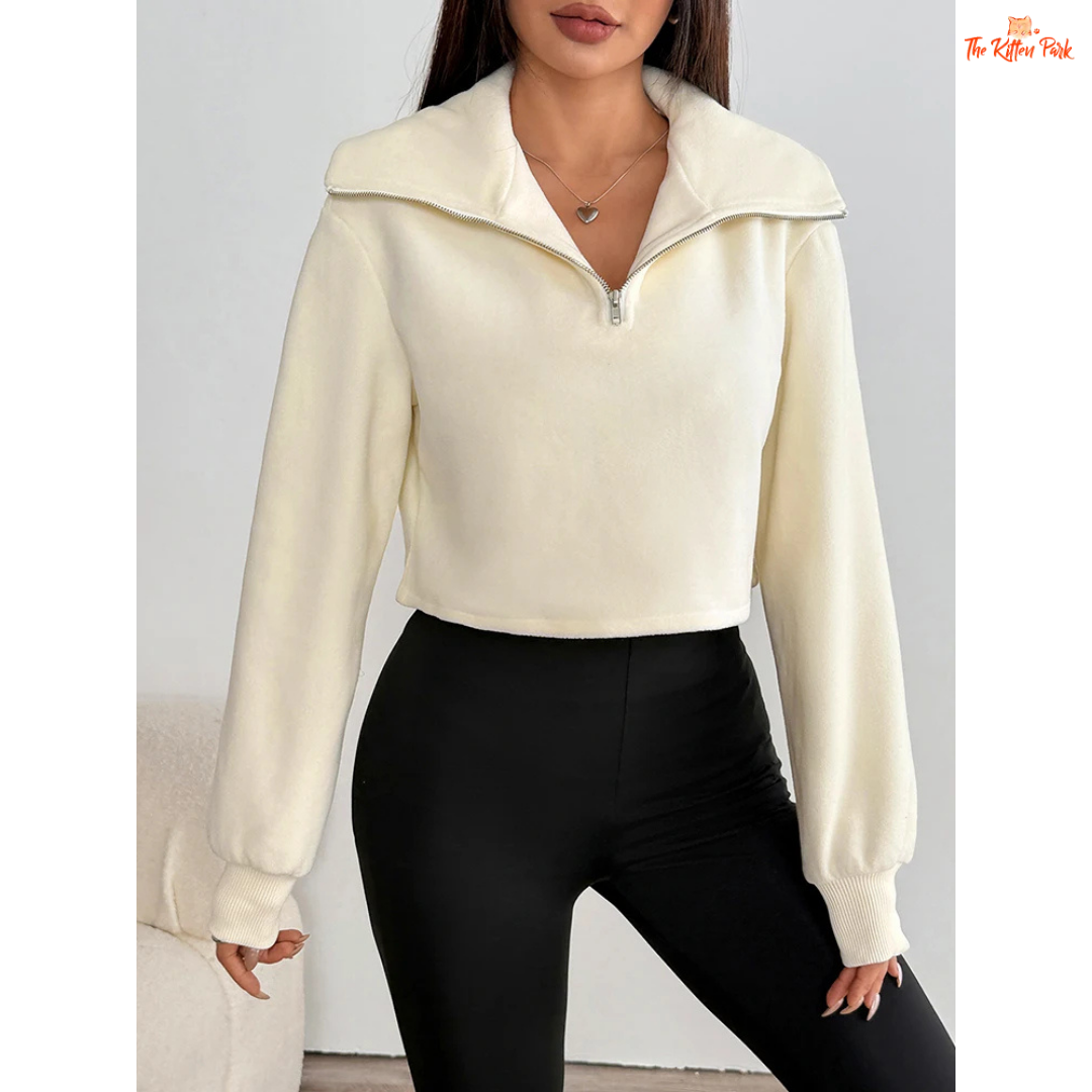 Solid zipper turn-down collar sweater for women featuring a thick tatting knit texture, zip-up front, and streetwear style in a warm cream tone.