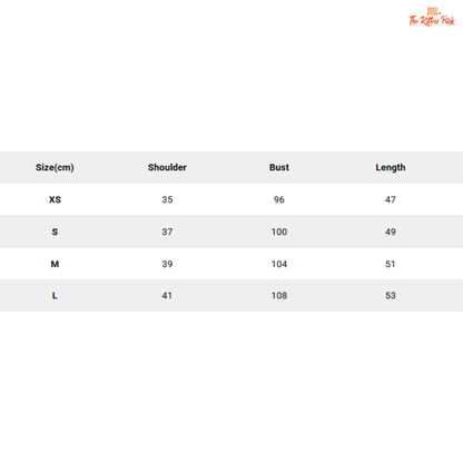Size chart for clothing with shoulder, bust, and length measurements in centimeters.