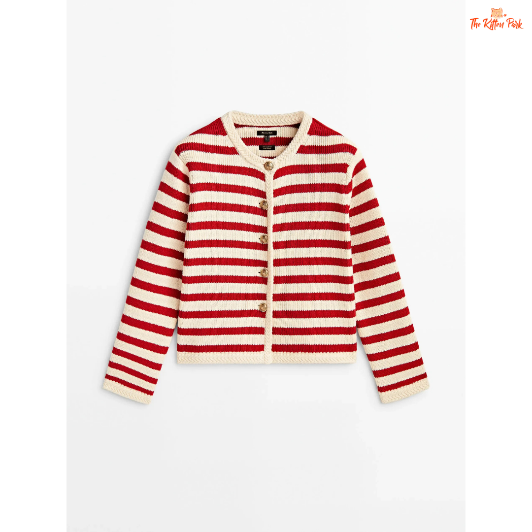 Red and white striped cardigan on a white background