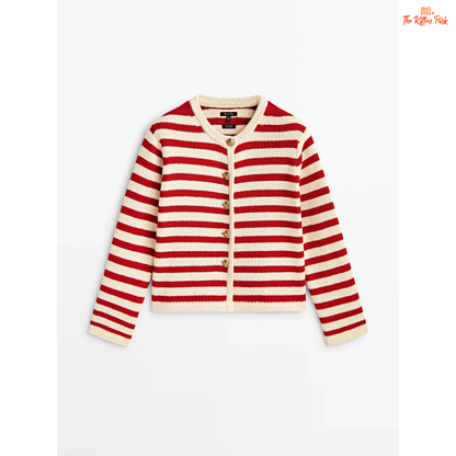 Red and white striped cardigan on a white background