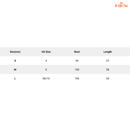 Size chart for clothing with measurements in centimeters and US sizes.