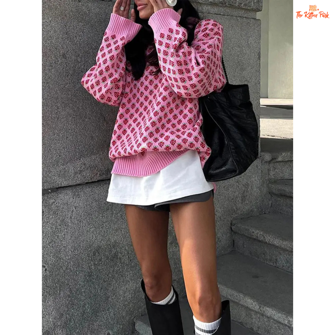 Strawberry Embroidered Knit Sweater for women, loose fit, pink fruit embroidery, cotton-polyester blend, O-neck, casual all-season wear.