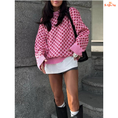 Strawberry Embroidered Knit Sweater for women, loose fit, pink fruit embroidery, cotton-polyester blend, O-neck, casual all-season wear.