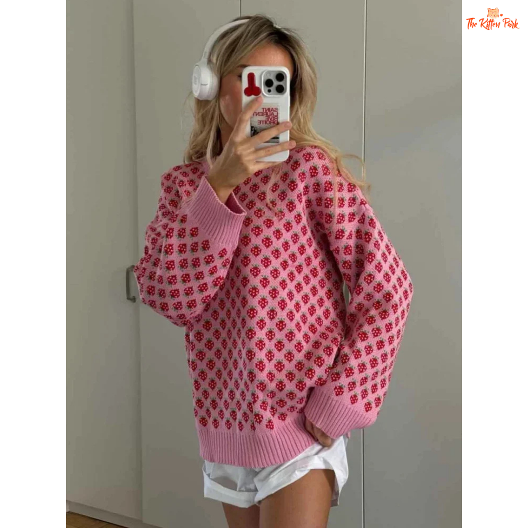Strawberry Embroidered Knit Sweater for women, loose fit, pink fruit embroidery, cotton-polyester blend, O-neck, casual all-season wear.