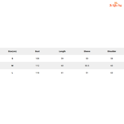 Size chart for clothing with measurements in centimeters