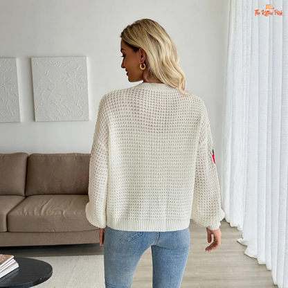 Strawberry Jacquard Cardigan, lightweight women’s summer knit sweater with button closure, O-neck, and full sleeves in casual style.