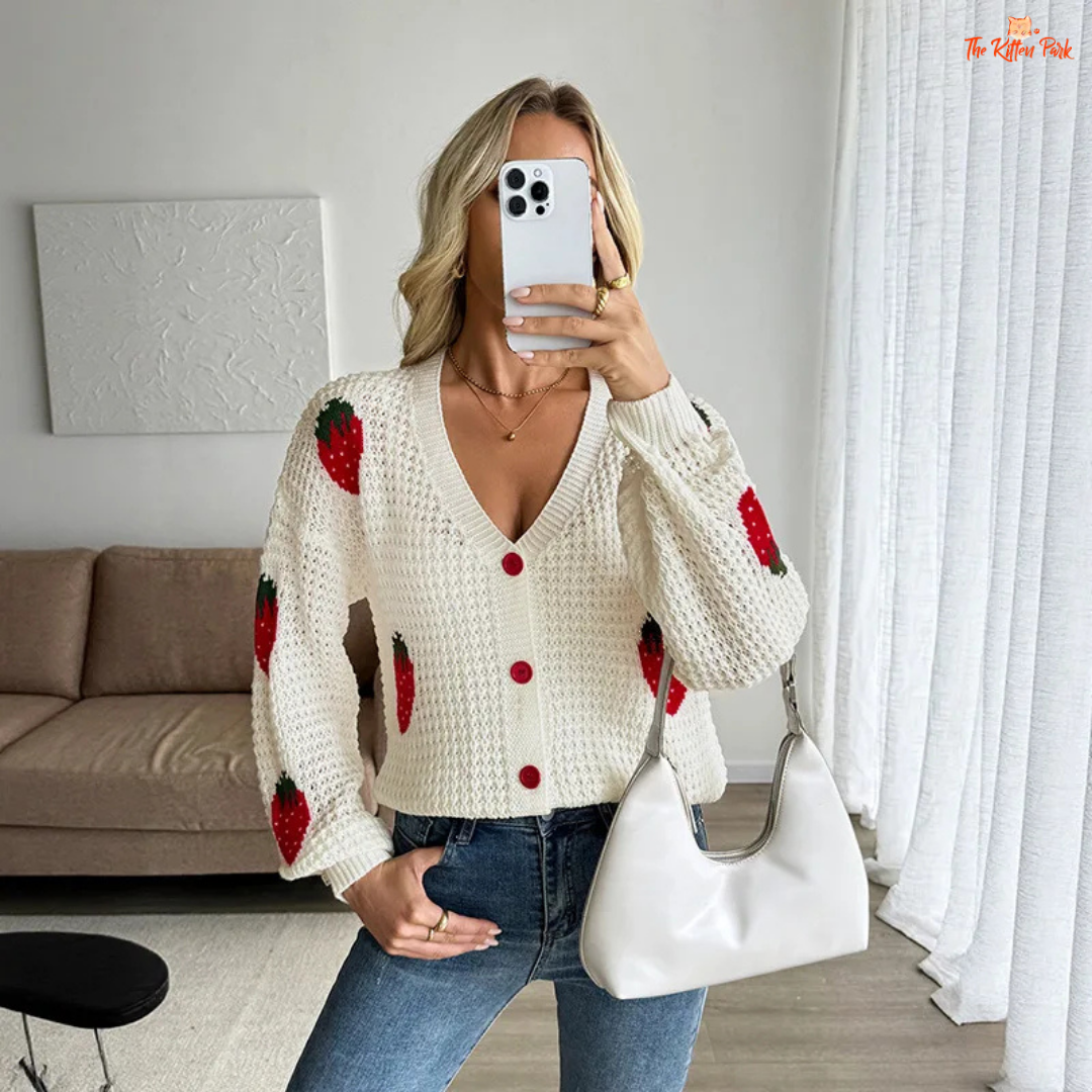 Strawberry Jacquard Cardigan, lightweight women’s summer knit sweater with button closure, O-neck, and full sleeves in casual style.