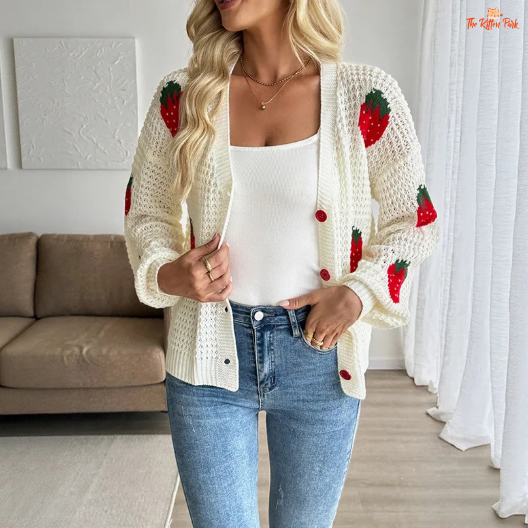 Strawberry Jacquard Cardigan, lightweight women’s summer knit sweater with button closure, O-neck, and full sleeves in casual style.