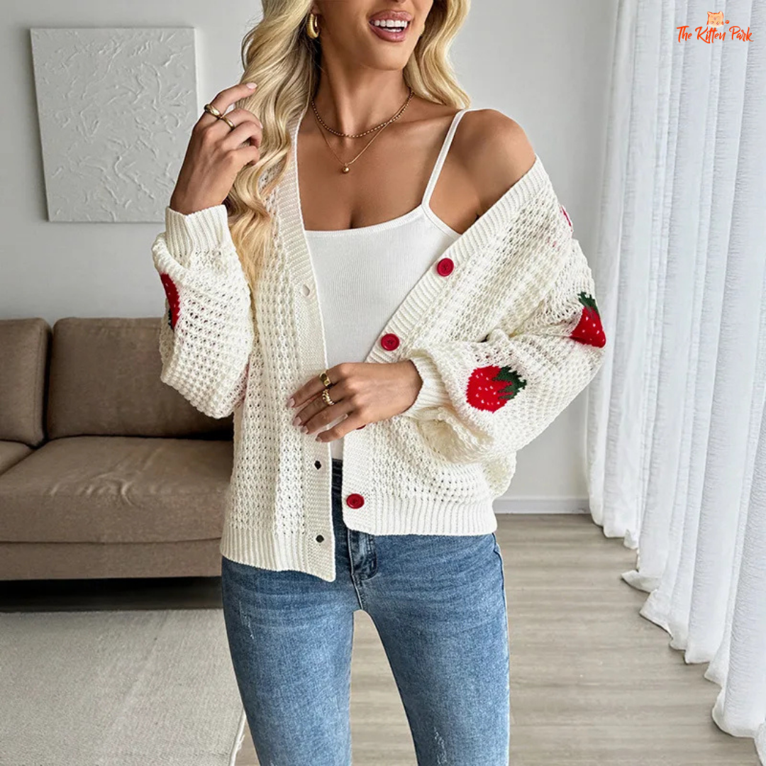 Strawberry Jacquard Cardigan, lightweight women’s summer knit sweater with button closure, O-neck, and full sleeves in casual style.