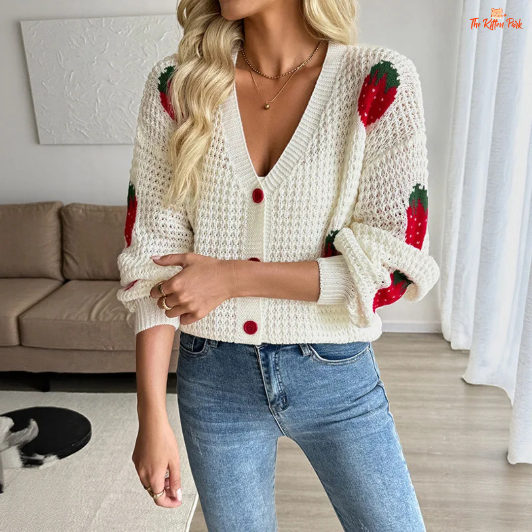 Strawberry Jacquard Cardigan, lightweight women’s summer knit sweater with button closure, O-neck, and full sleeves in casual style.